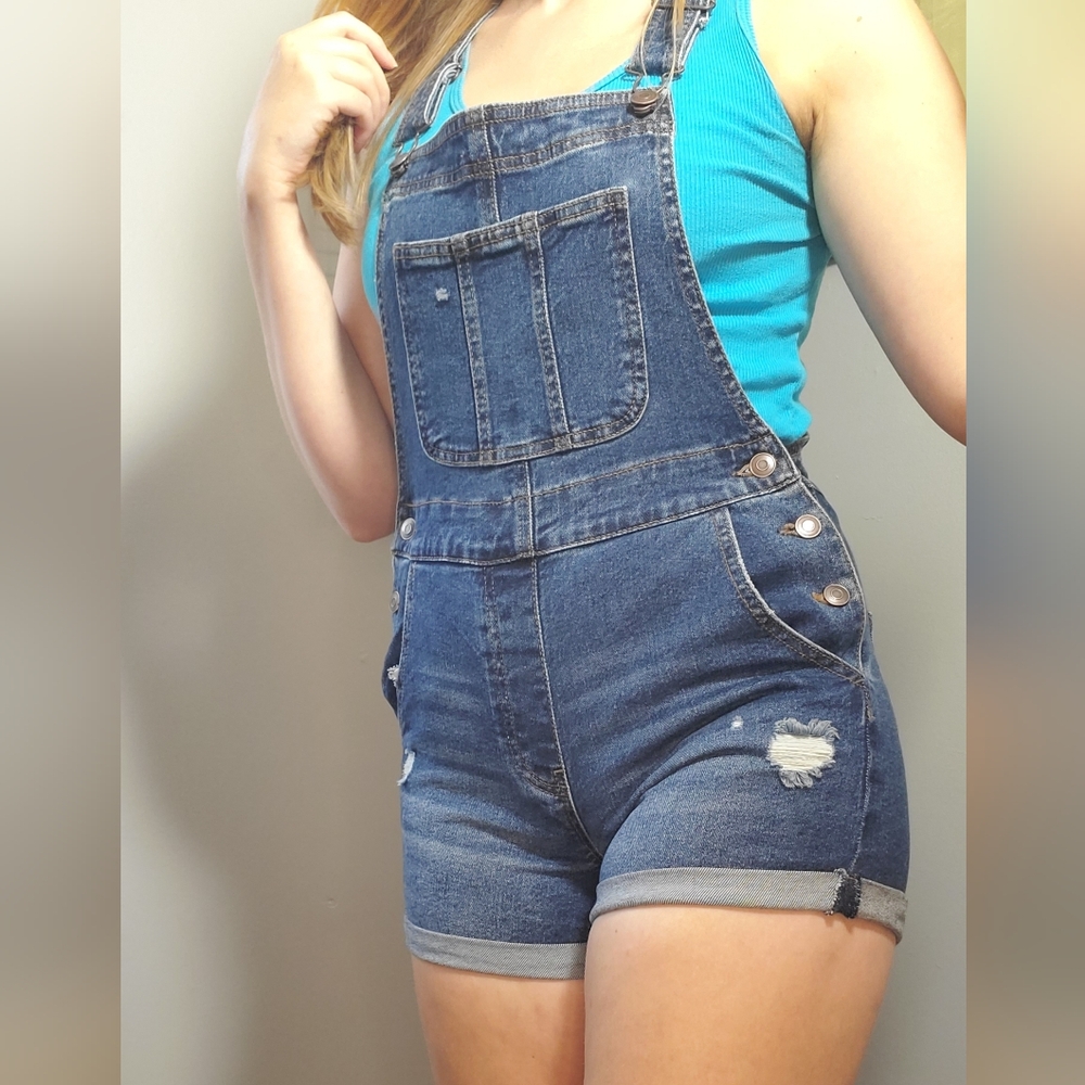 Denim Short Overalls- Womens Dark Wash